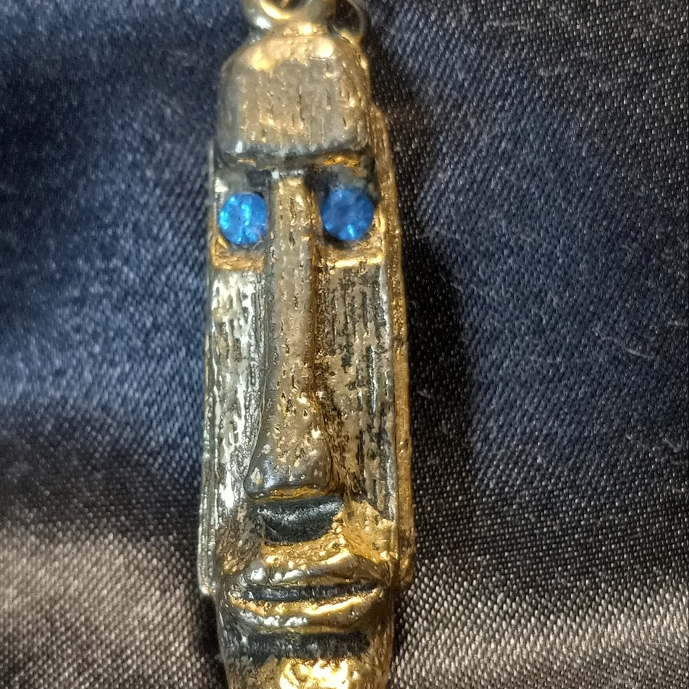 Gold Face Pendant with Blue Jewel Eyes